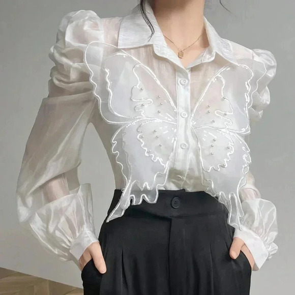 White Elegant Women's 3D Butterfly Decorated Puff Sleeve Blouse - Picture 8 of 8